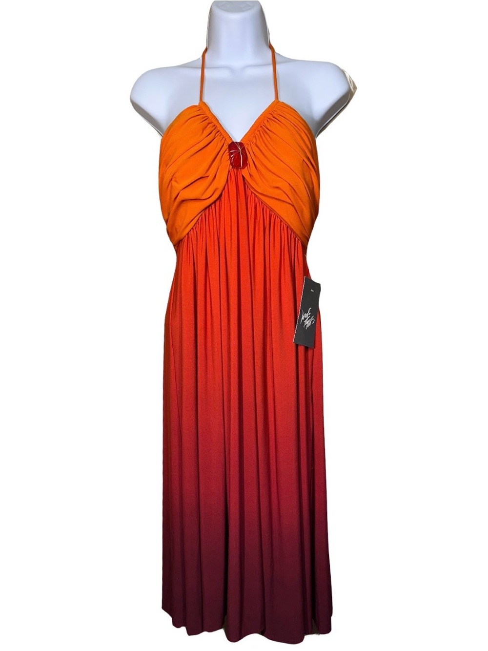 Morgan McTeers Sunset Ombre Halter Midi Dress Jewel Brooch Size 10